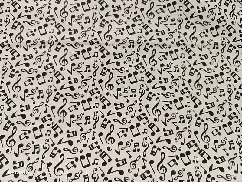 Hangjegy mintás pamutvászon fekete-fehér
